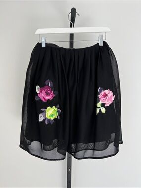 Carven Black Skirt with Pink and Green Floral Appliqué